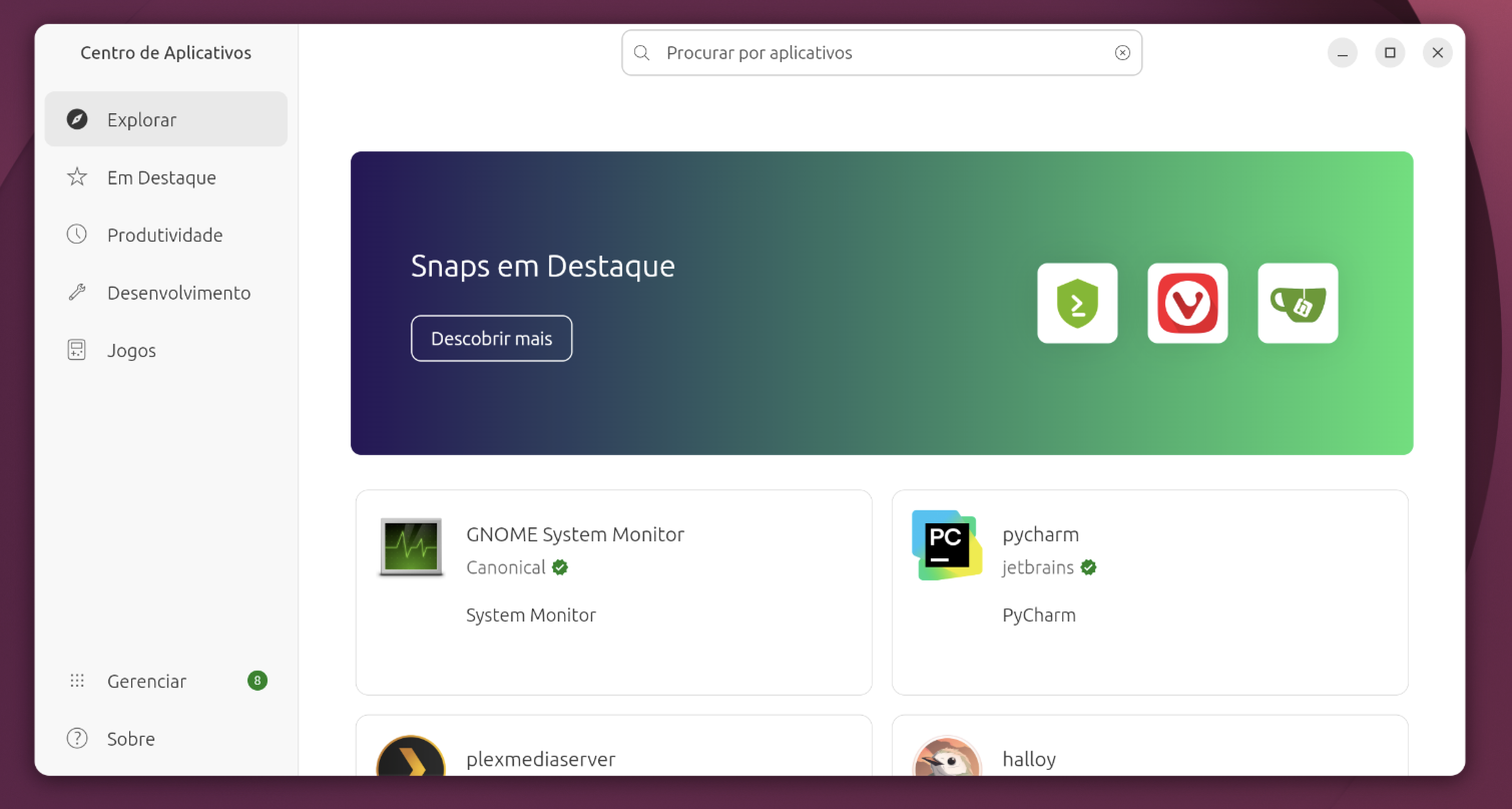Central de Aplicativos do Ubuntu aberta, mostrando programas em destaque