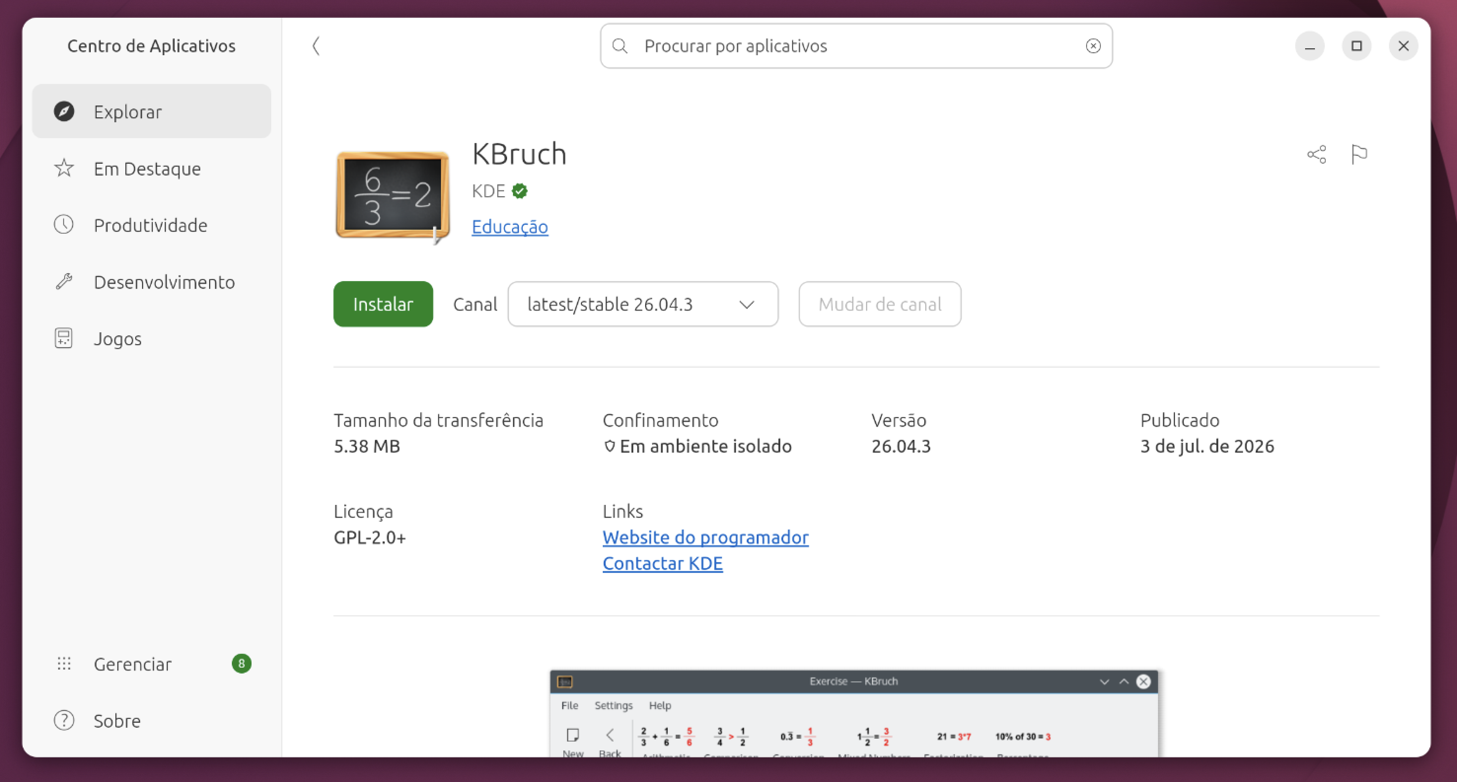 Página de um aplicativo na Central de Aplicativos, mostrando descrição, imagens e botão de instalar