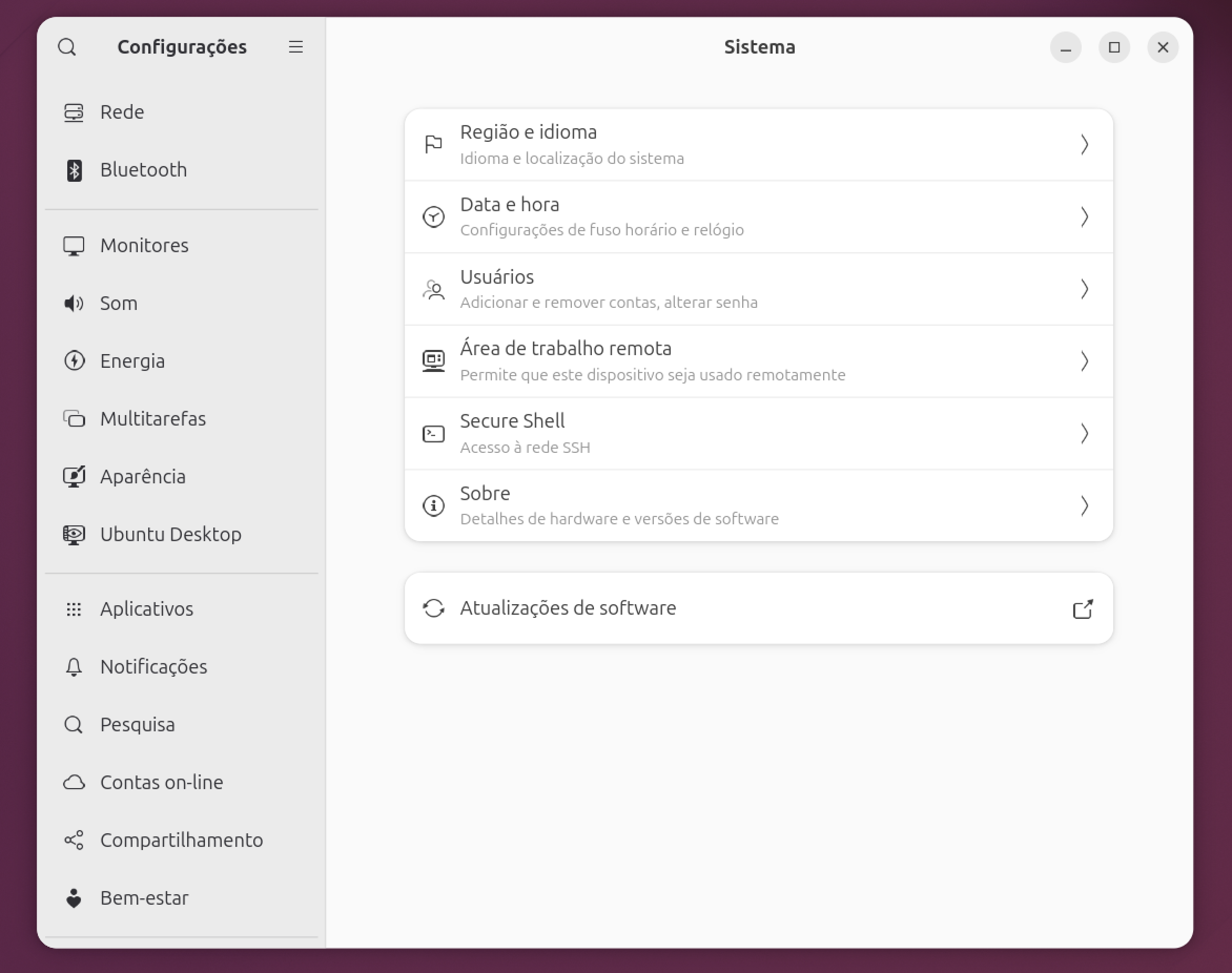 Janela de Configurações do Ubuntu, com a lista de categorias à esquerda e as opções à direita