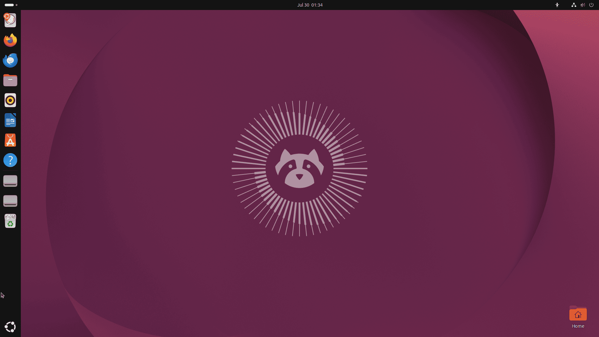 Área de trabalho do Ubuntu, mostrando a barra superior e o dock de aplicativos