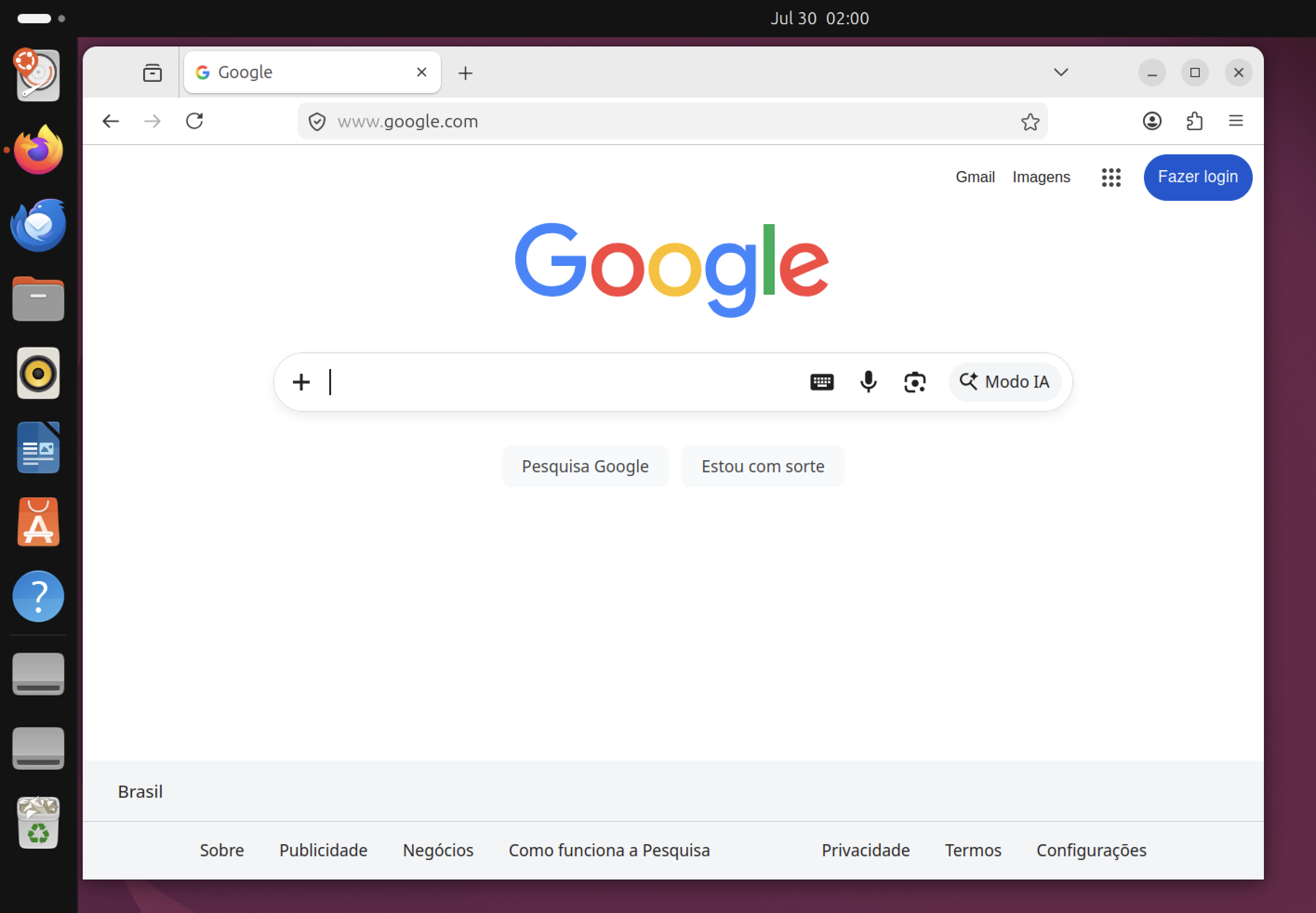 Navegador Firefox aberto no Ubuntu, mostrando a barra de endereço e uma página inicial