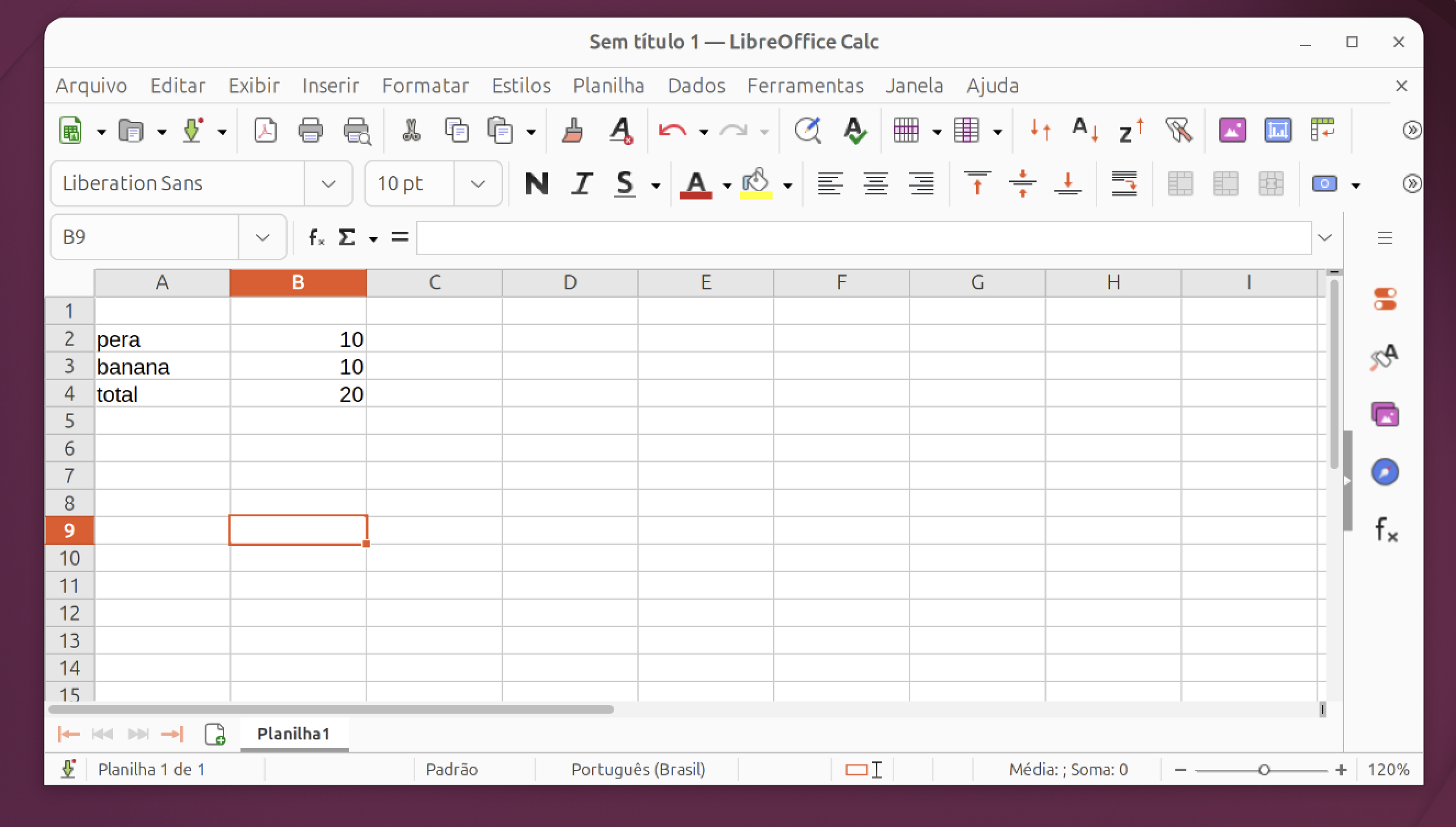 LibreOffice Calc aberto com uma planilha simples