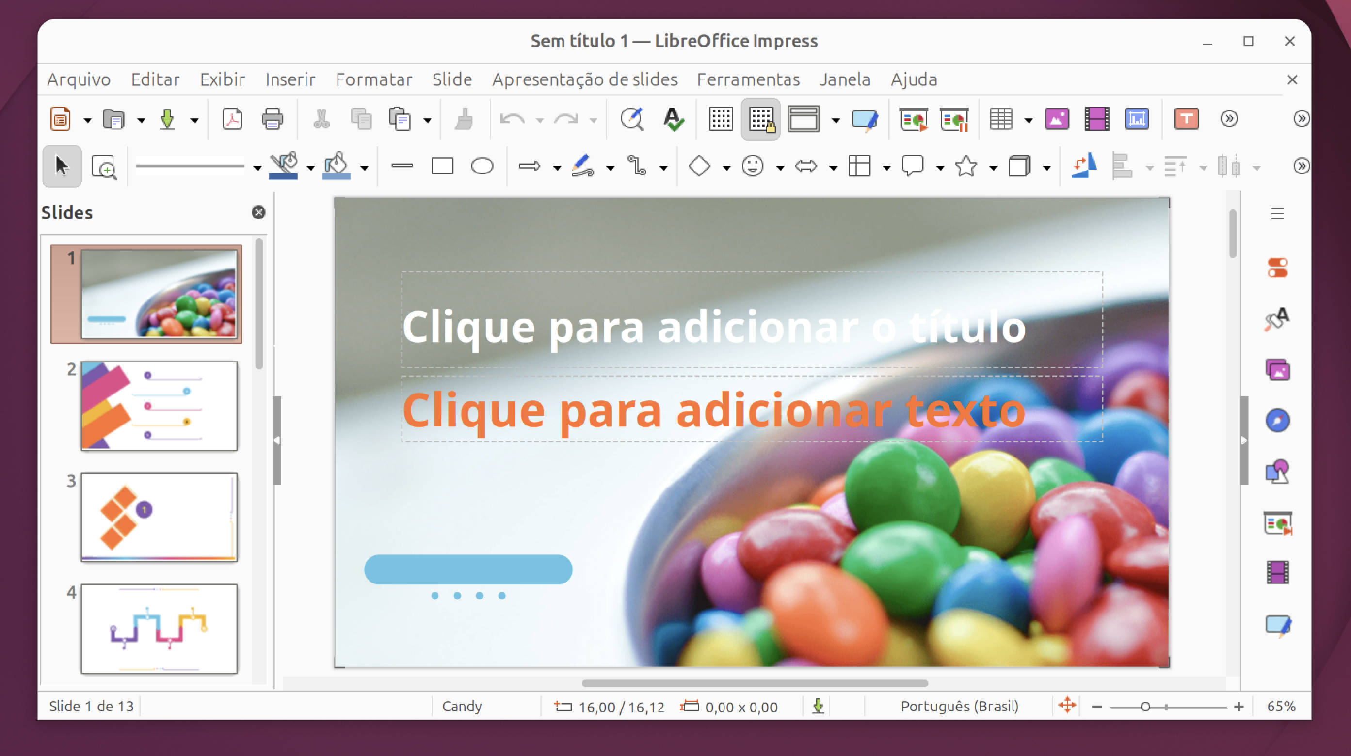 LibreOffice Impress aberto com uma apresentação de slides