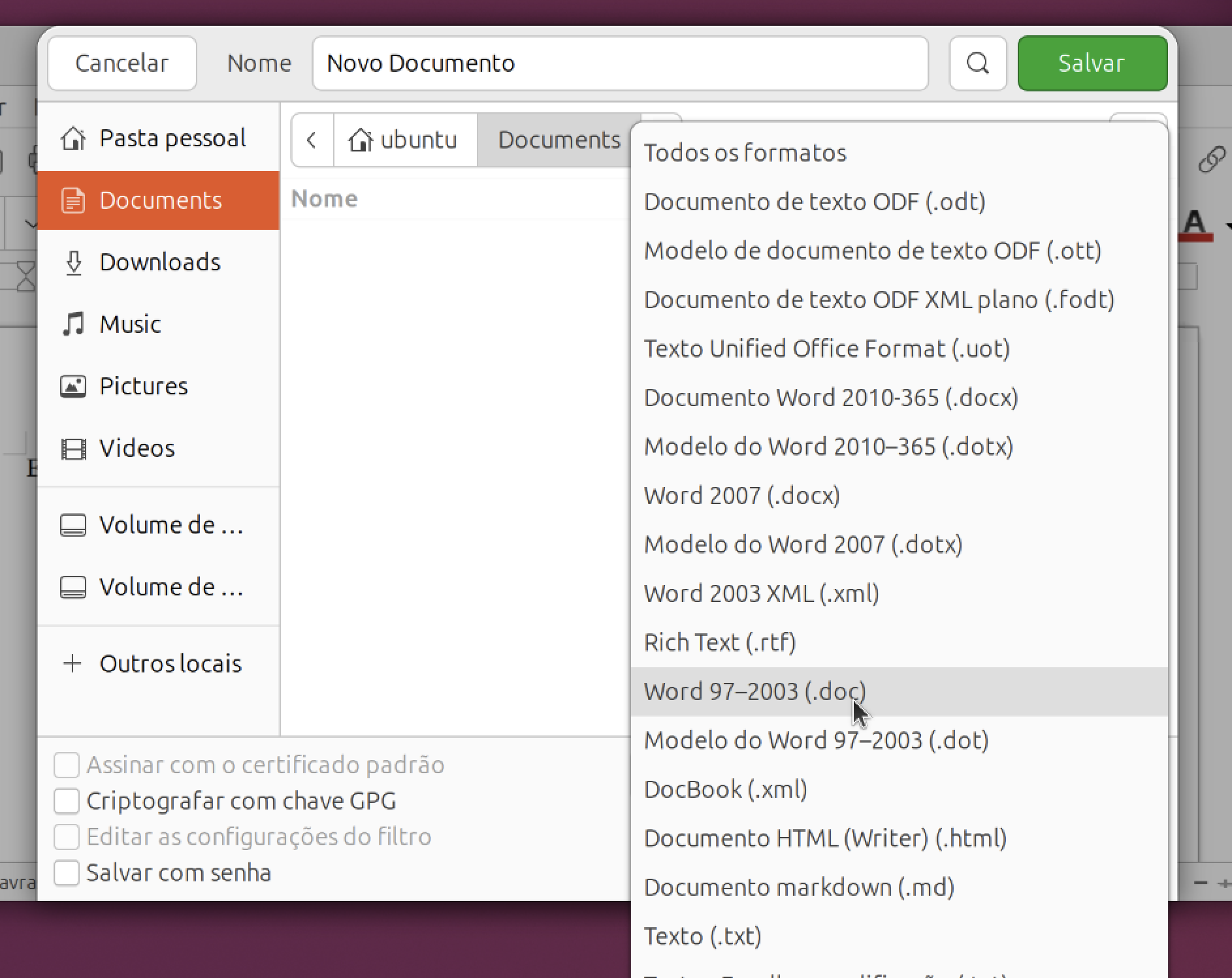 Janela Salvar Como do LibreOffice, mostrando onde escolher a pasta e o nome do arquivo