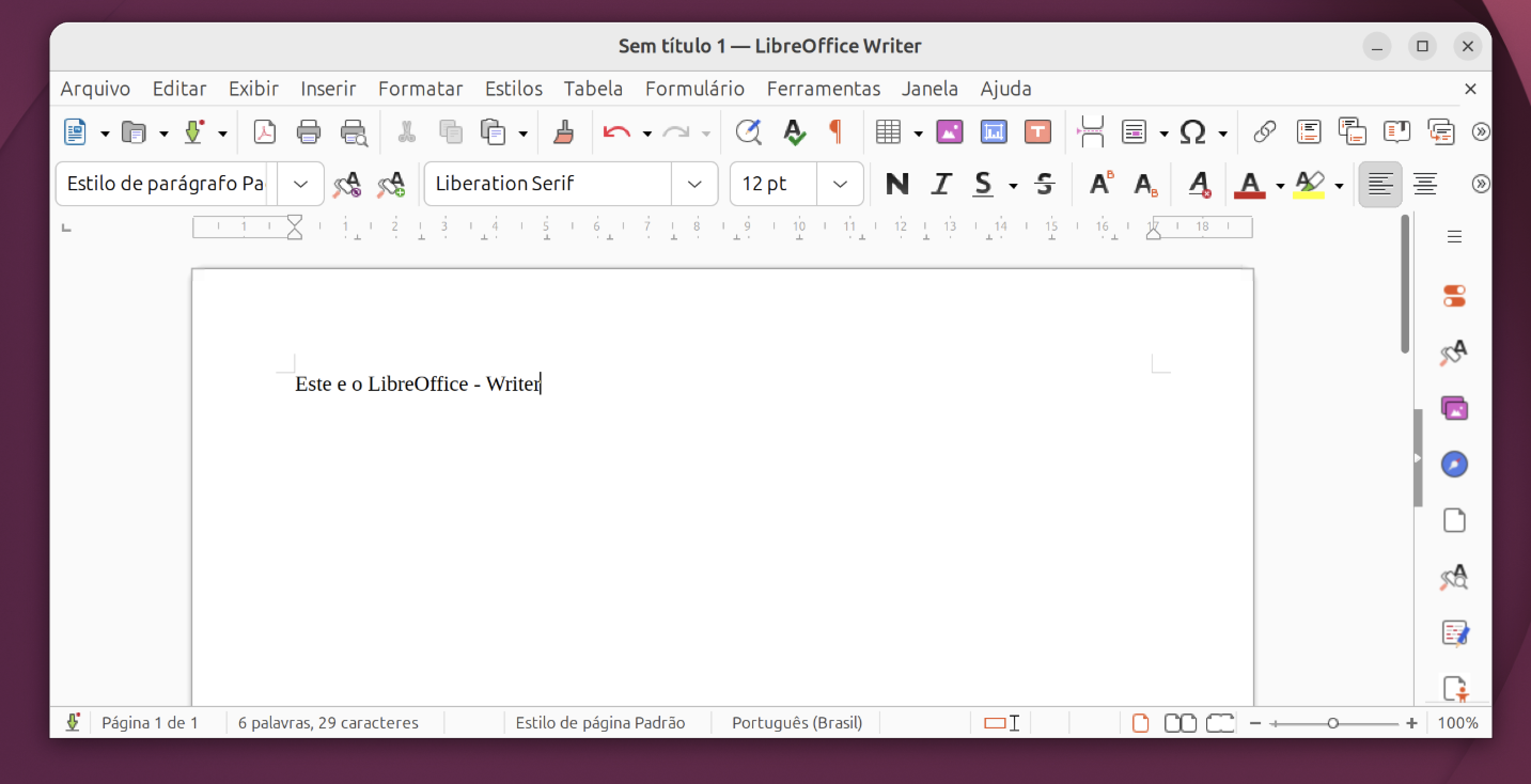 LibreOffice Writer aberto com um documento de texto simples