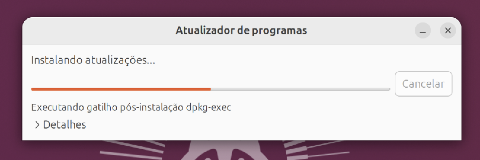 Barra de progresso do Atualizador de Software durante a instalação de atualizações