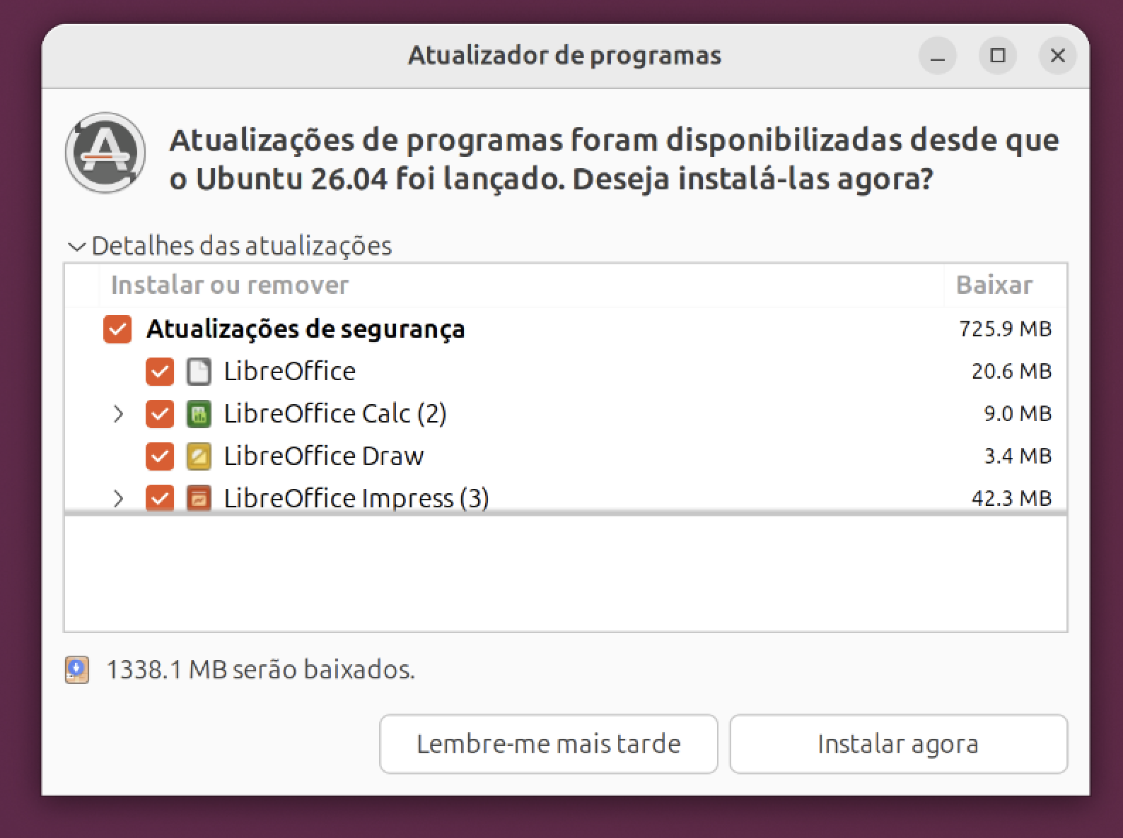 Atualizador de Software do Ubuntu mostrando uma lista de atualizações disponíveis